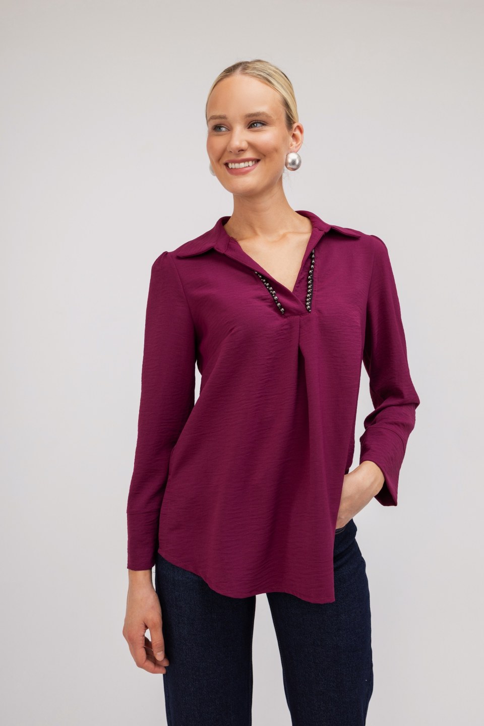 Πουκάμισο μπορντό με πέρλες