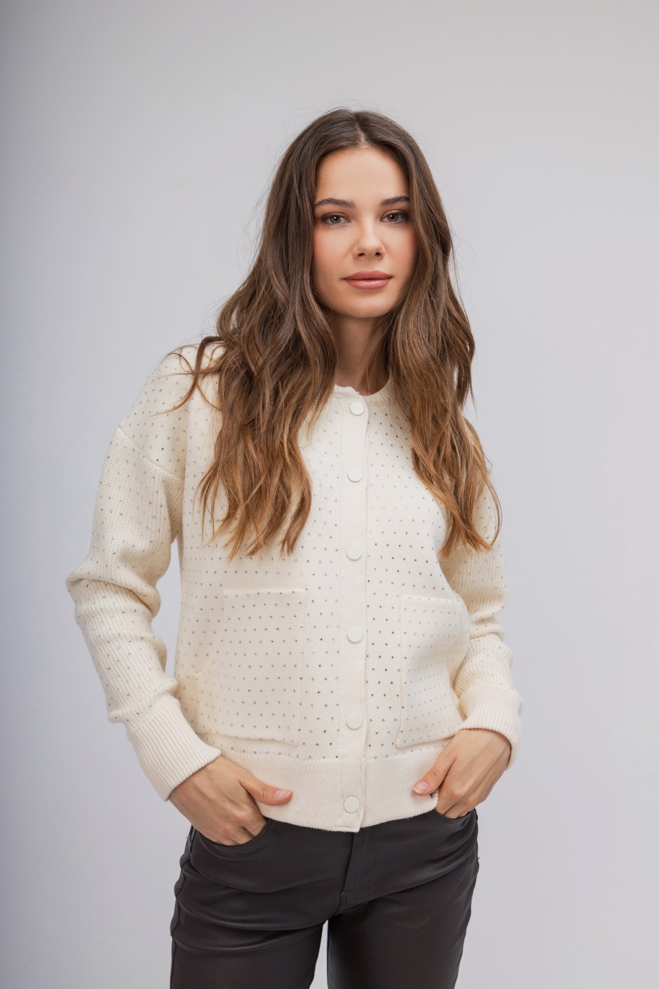  Ζακέτα-Πουλόβερ εκρού με strass