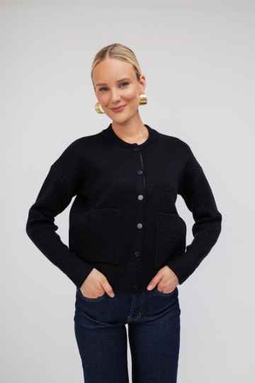 Ζακέτα-Πουλόβερ μαύρη με strass - 