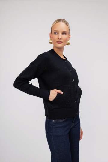 Ζακέτα-Πουλόβερ μαύρη με strass - 