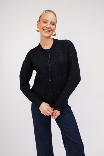 Ζακέτα-Πουλόβερ μαύρη με strass - 