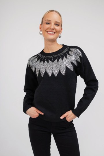 Πουλόβερ μαύρο με παγιέτες σε σχέδια φύλλα - 