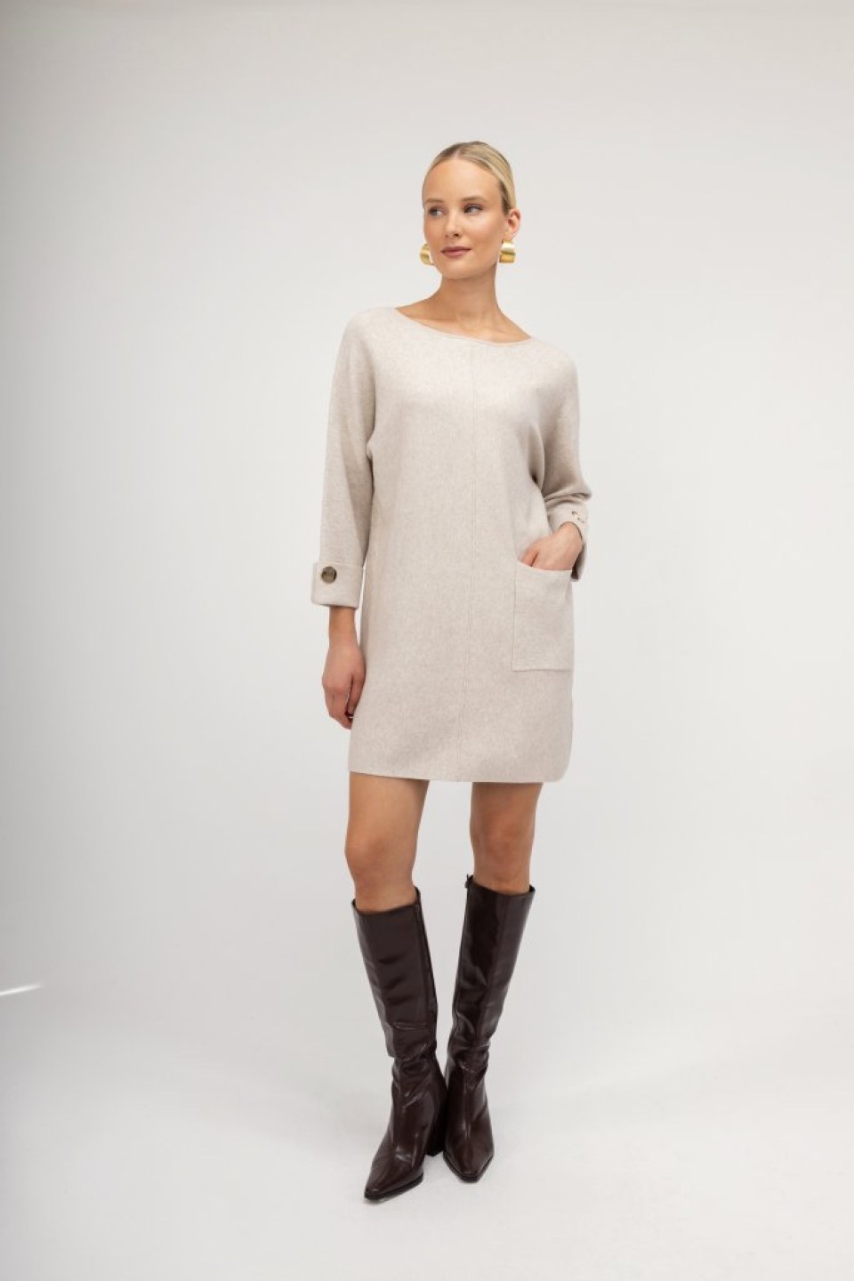 Φόρεμα mini μπεζ μονόχρωμο με χρυσές λεπτομέρειες