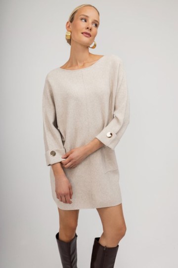 Φόρεμα mini μπεζ μονόχρωμο με χρυσές λεπτομέρειες - 