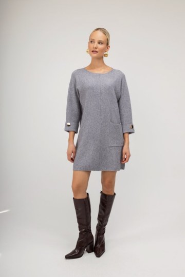 Φόρεμα mini γκρι μονόχρωμο με χρυσές λεπτομέρειες - 