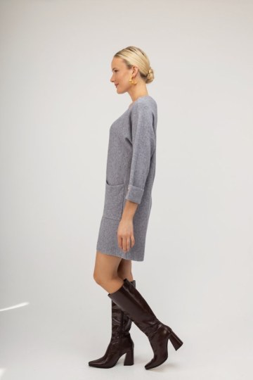 Φόρεμα mini γκρι μονόχρωμο με χρυσές λεπτομέρειες - 