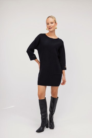 Φόρεμα mini μαύρο μονόχρωμο με χρυσές λεπτομέρειες