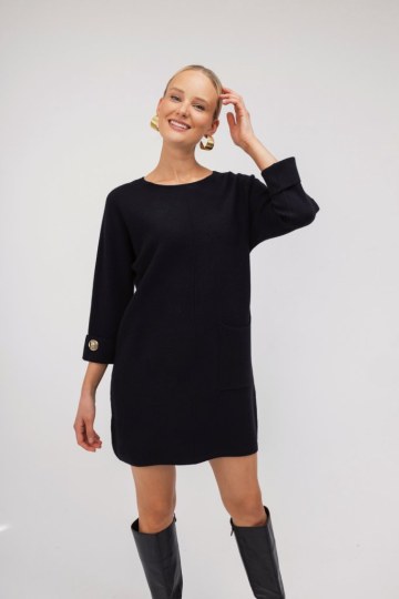 Φόρεμα mini μαύρο μονόχρωμο με χρυσές λεπτομέρειες - 