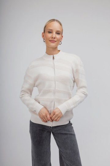 Πουλόβερ-Ζακέτα εκρού με φερμουάρ - 