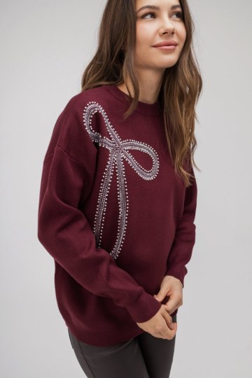 Πουλόβερ μπορντώ με διακοσμητικό φιόγκο - 