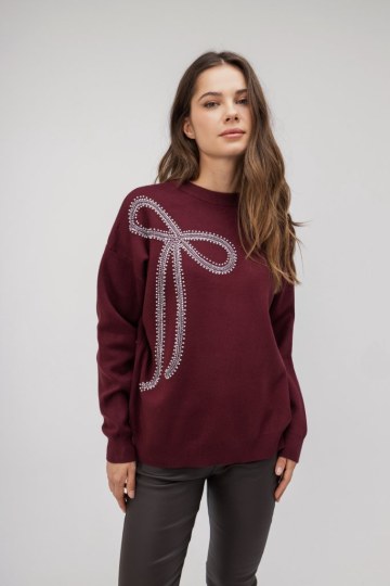 Πουλόβερ μπορντώ με διακοσμητικό φιόγκο - 