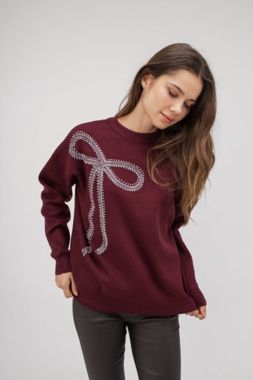 Πουλόβερ μπορντώ με διακοσμητικό φιόγκο - 