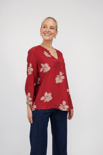 Πουκάμισο κόκκινο με boho λουλούδια - 