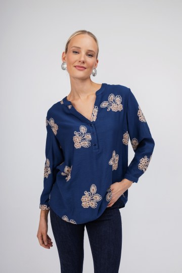 Πουκάμισο μπλε με boho λουλούδια