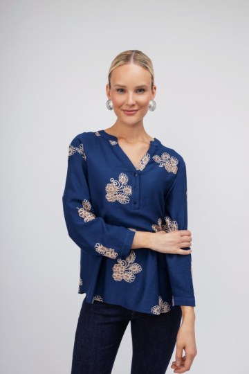 Πουκάμισο μπλε με boho λουλούδια - 