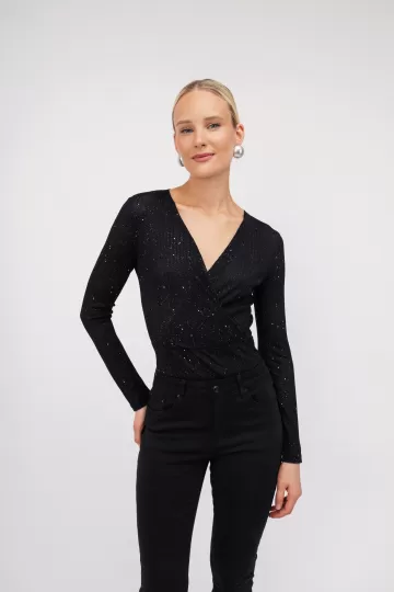 Κορμάκι εφαρμοστό μαύρο κρουάζε με strass