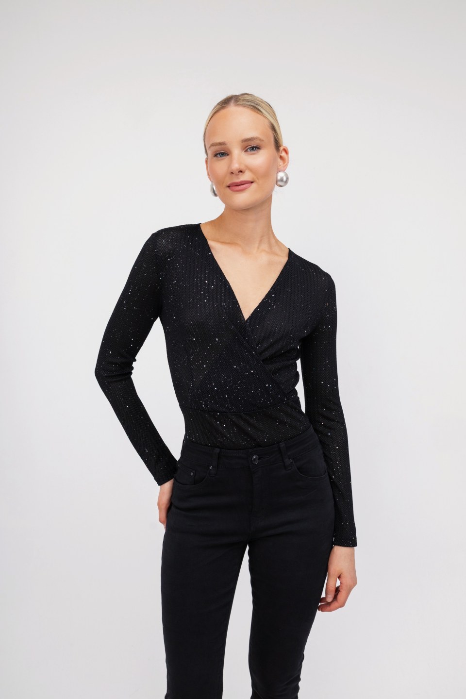 Κορμάκι εφαρμοστό μαύρο κρουάζε με strass