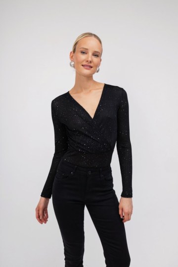 Κορμάκι εφαρμοστό μαύρο κρουάζε με strass - 