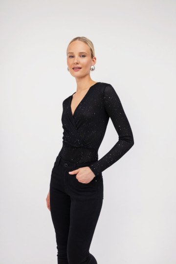 Κορμάκι εφαρμοστό μαύρο κρουάζε με strass - 