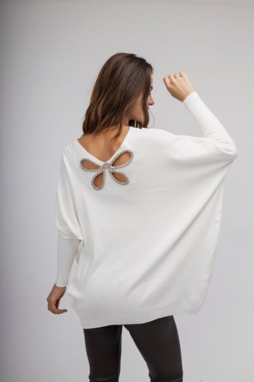 Πουλόβερ-εκρού με  strass σε σχέδιο πεταλούδας - 