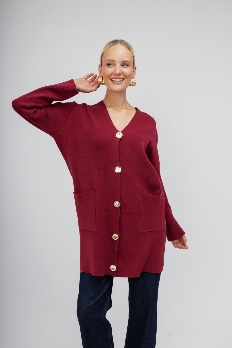 Πουλόβερ-Ζακέτα μπορντό με χρυσά κουμπιά 