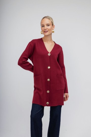 Πουλόβερ-Ζακέτα μπορντό με χρυσά κουμπιά  - 