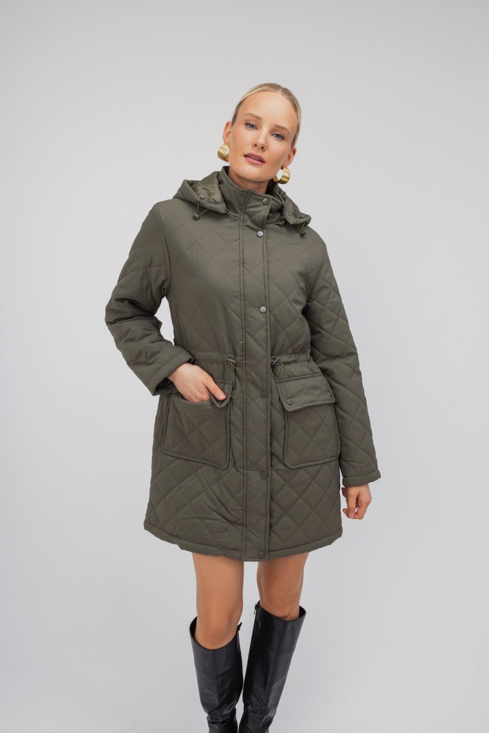 Μπουφάν χακί με φερμουάρ και κουκούλα