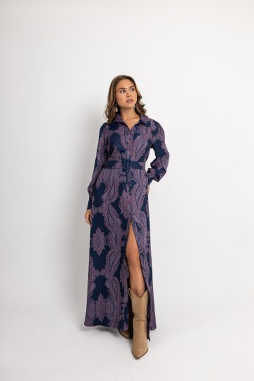 Φόρεμα maxi με λαχούρια και ζώνη μωβ