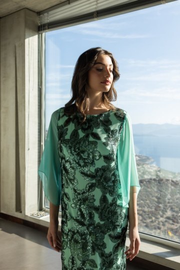 Φόρεμα midi με floral παγιέτα μέντα - 