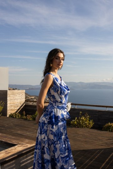  Φόρεμα με floral μοτίβο και ντραπέ μπούστο μπλε - 