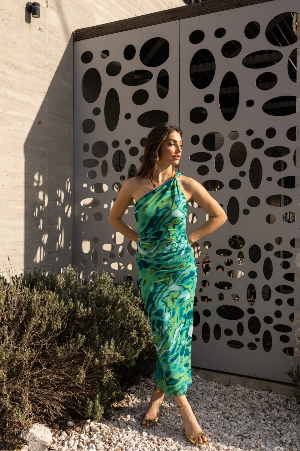 Φόρεμα ελαστικό τούλι με έναν ώμο γαλαζοπράσινο