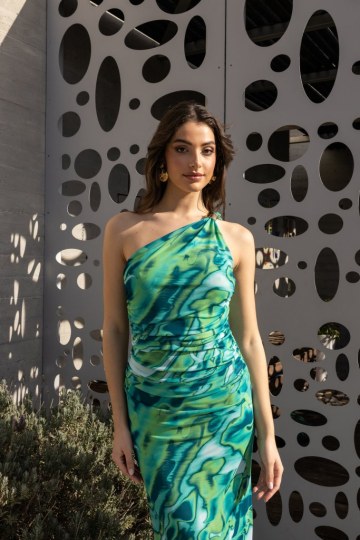 Φόρεμα ελαστικό τούλι με έναν ώμο γαλαζοπράσινο - 