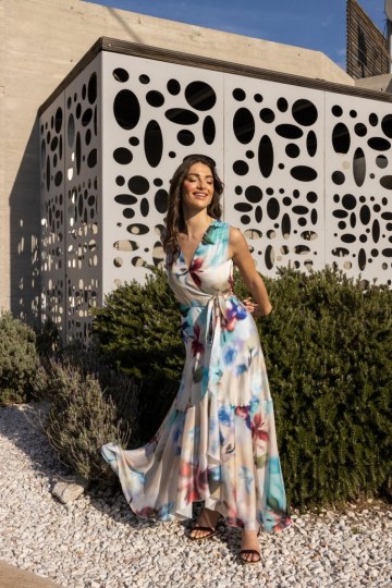 Φόρεμα αμάνικο κρουαζέ με floral μοτίβο μπεζ - 