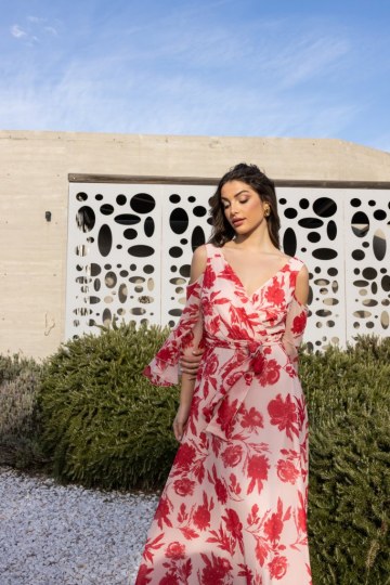 Φόρεμα με floral σχέδια και ιδιαίτερους ώμους κόκκινο - 