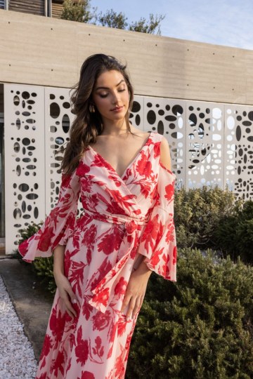 Φόρεμα με floral σχέδια και ιδιαίτερους ώμους κόκκινο - 