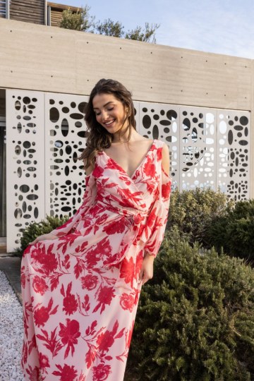 Φόρεμα με floral σχέδια και ιδιαίτερους ώμους κόκκινο - 