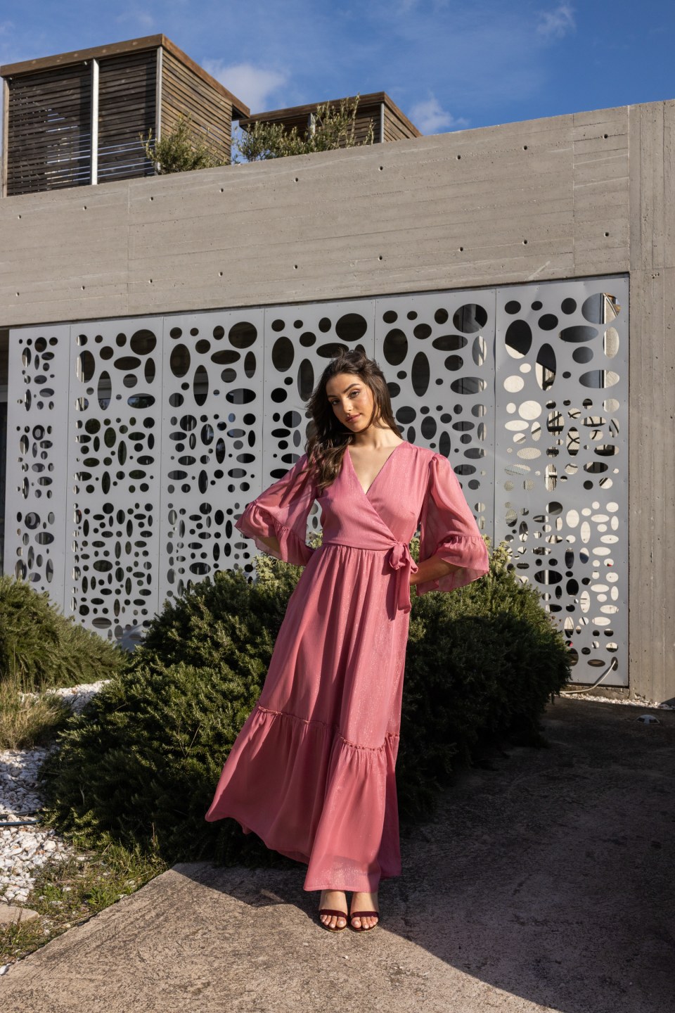 Φόρεμα maxi κρουαζέ σάπιο μήλο