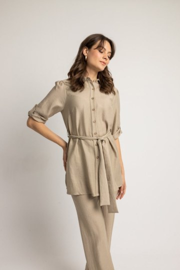 Πουκάμισο αέρινο με ζώνη στη μέση μπεζ - 