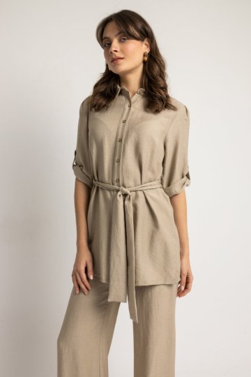 Παντελόνα αέρινη με λάστιχο στο πίσω μέρος σκούρο μπεζ - 