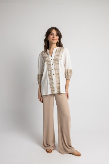 Παντελόνα ψηλόμεση με λάστιχο στο πίσω μέρος μπεζ