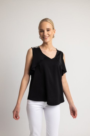 Μπλούζα αμάνικη με ασημένιες λεπτομέρειες στους ώμους μαύρη - 