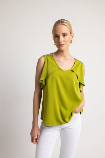 Μπλούζα αμάνικη με ασημένιες λεπτομέρειες στους ώμους λαδί - 