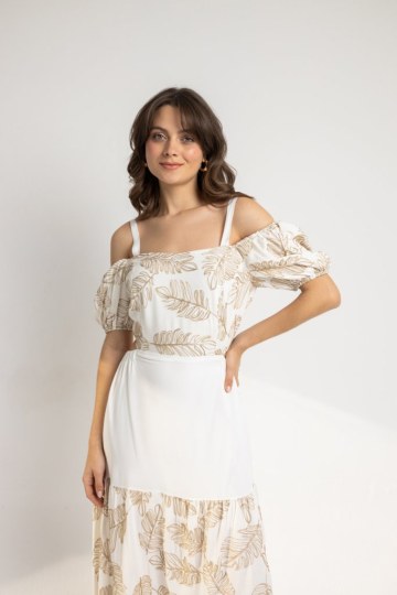 Φόρεμα με χρυσά φύλλα και cut out λευκό - 