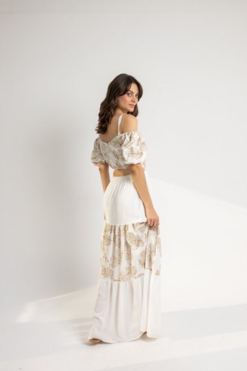 Φόρεμα με χρυσά φύλλα και cut out λευκό - 