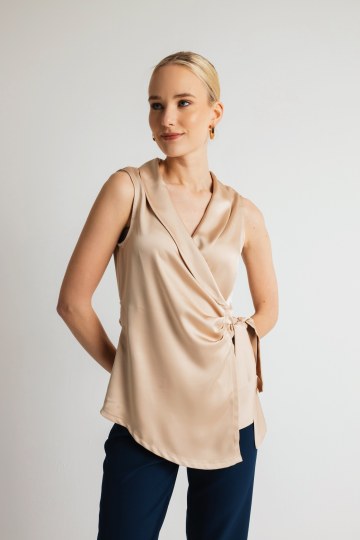 Μπλούζα κρουαζέ αμάνικη με δέσιμο στο πλάι μπεζ 