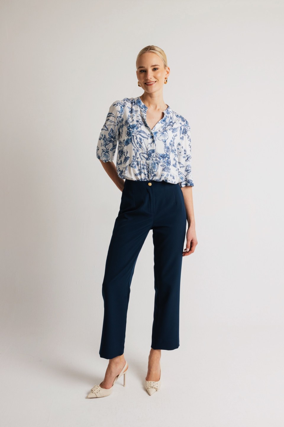 Παντελόνι γραφείου με λάστιχο πίσω σκούρο μπλε