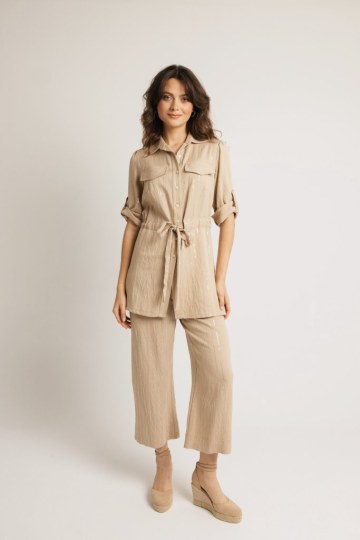 Παντελόνα ζιπ κιλότ με λεπτομέρειες από παγιέτα μπεζ - 