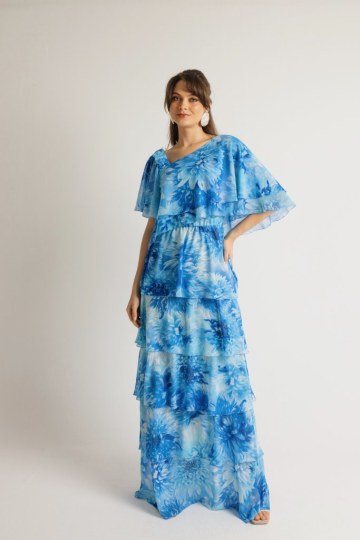 Φόρεμα maxi εμπριμέ με επίπεδα και φραμπαλά γαλάζιο - 