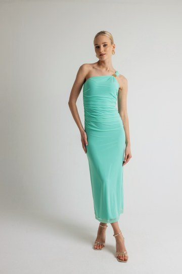 Φόρεμα μονόχρωμο ελαστικό τούλι με έναν ώμο μέντα