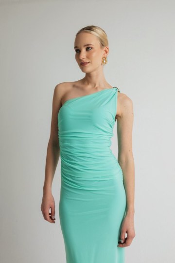 Φόρεμα μονόχρωμο ελαστικό τούλι με έναν ώμο μέντα - 